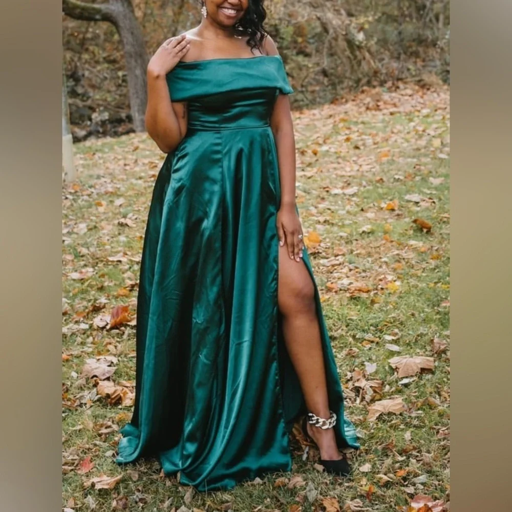 Greatest Hits Forest Green Satin Off-the-Shoulder Maxi Dress_2